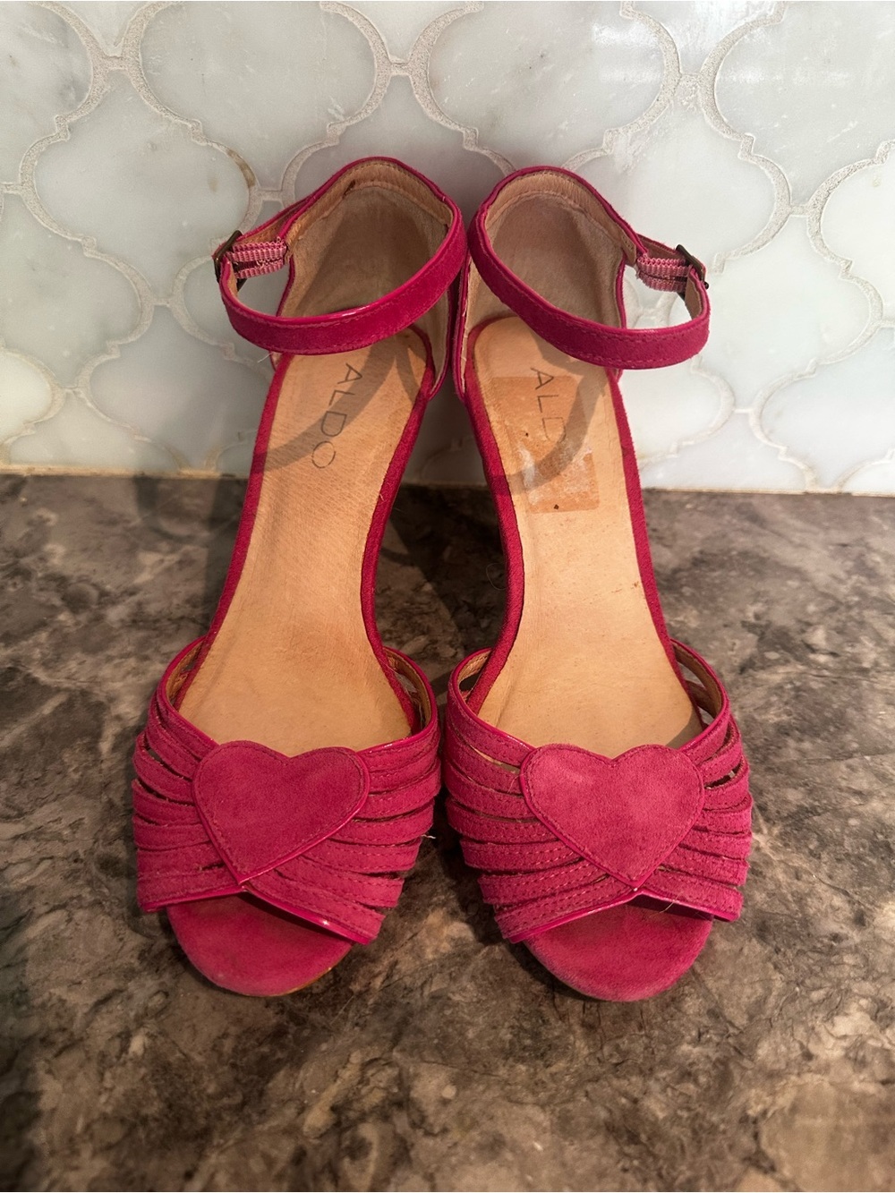 ALDO Fuchsia Suede Ankle-Strap Heels with Heart Accent - Picture 11 of 13